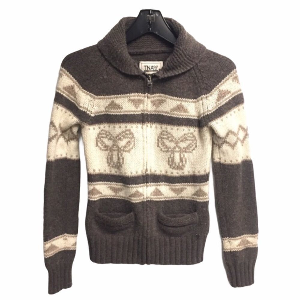ARITZIA Sea To Sky Cowichan Wool Zip Front Cardigan Sweater Brown S